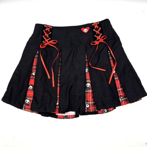 2022 Hot Topic Skelanimals Black Red Plaid Lace Side Pleated Mini Skirt M 29x16" - Picture 1 of 16